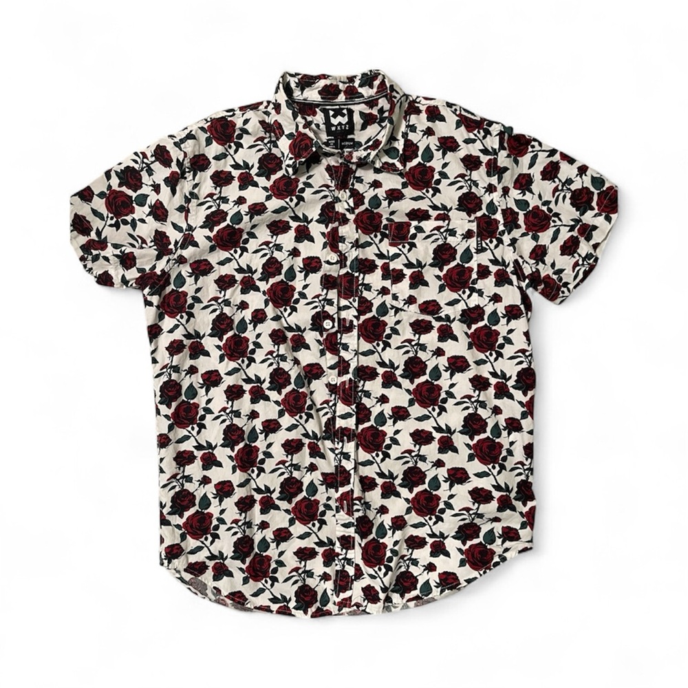 WXYZ Floral Button-Up Short Sleeve Shirt - White with Red Rose Print